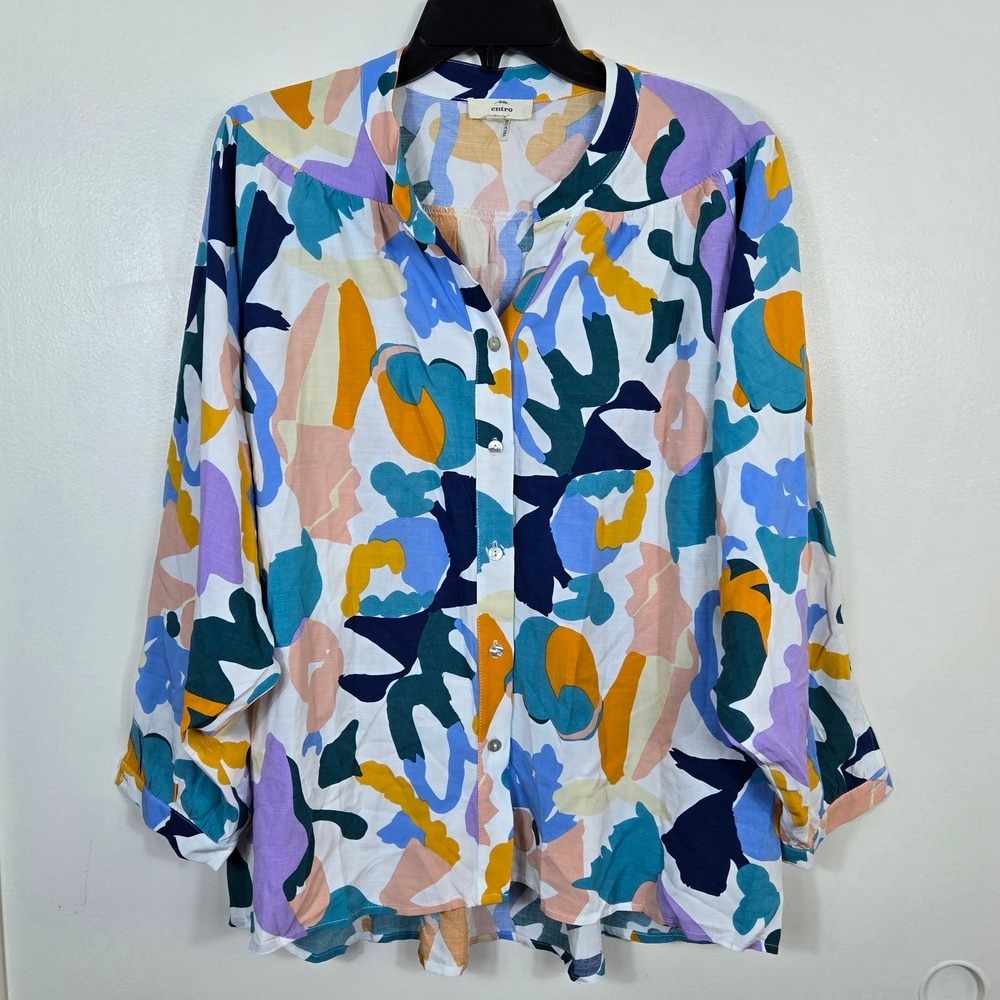 Entro Womens Colorful Abstract Long Sleeve Front Button Artsy Tunic Top Large